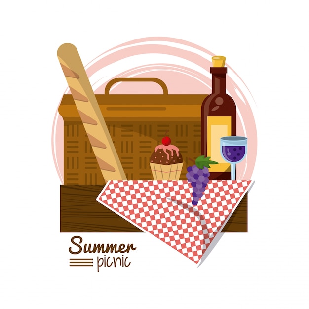 Vector picnic basket on tablecloth with bread dessert and wine