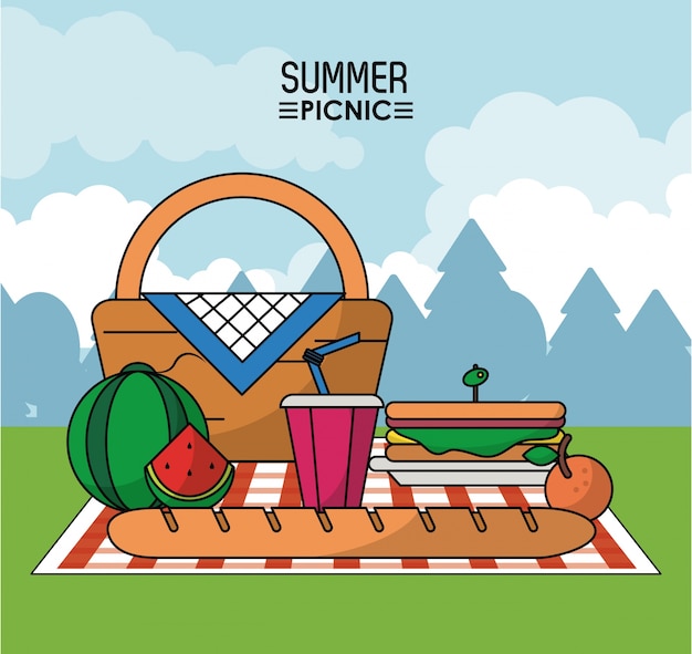 picnic basket in tablecloth with watermelon sandwich and drink 