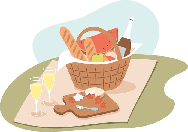 Vector picnic basket with food on green sunny lawn