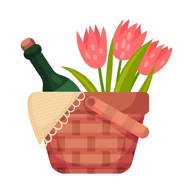 Picnic basket with a green glass bottle and pink tulips Vector illustration on a white background