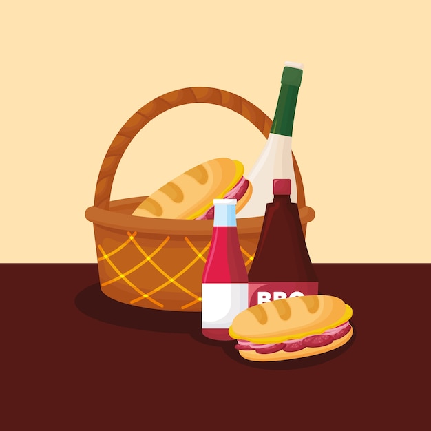 picnic basket with wine bottles and food 