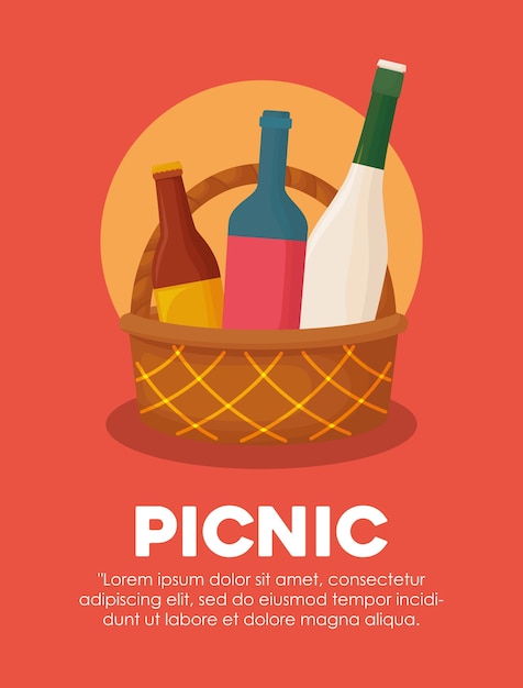 Vector picnic basket with wine bottles