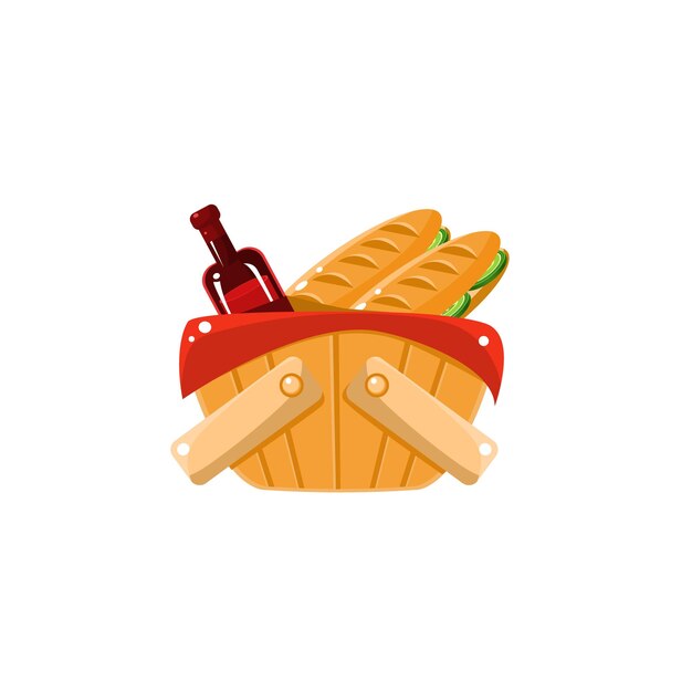 Picnic Basket With Wine Cartoon Flat Vector Isolated Illustration On White Background