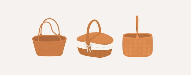 Vector picnic baskets simple flat style brown baskets set vector