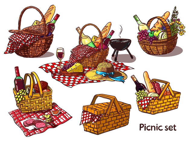 Vector picnic baskets vector color set