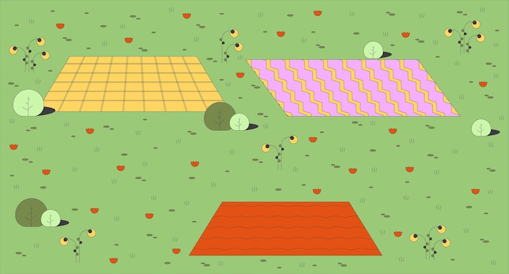Vector picnic blankets placed on grassy field with blooming flowers flat illustration background