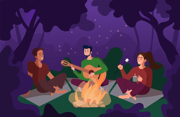 Vector picnic by fire concept