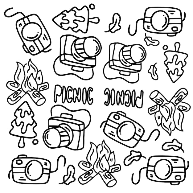 Picnic e campeggio doodle line set vettore