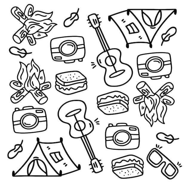 Picnic and camping doodle line set vector