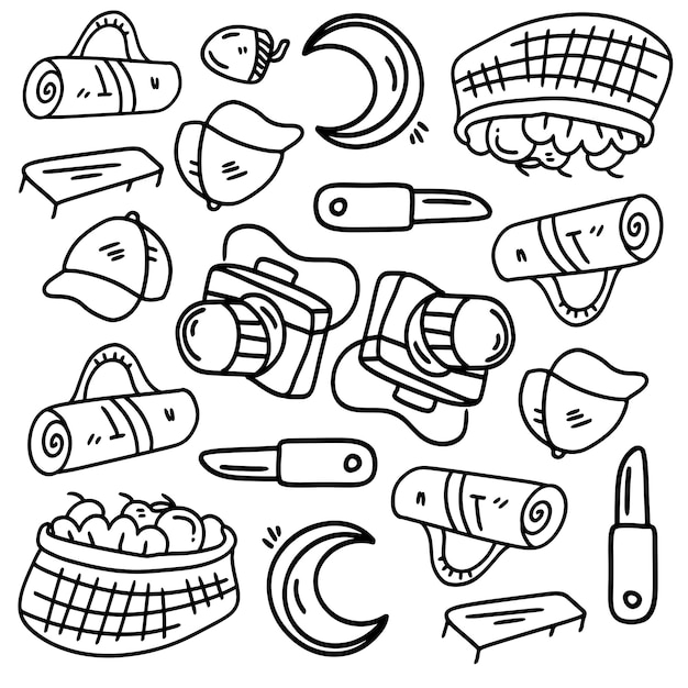 Picnic and camping doodle line set vector