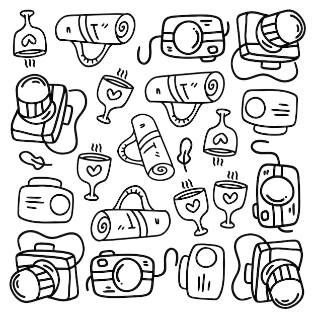 Picnic and camping doodle line set vector