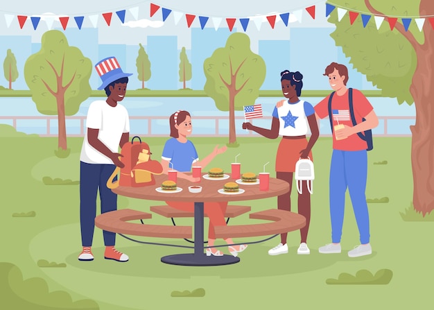 Vector picnic to celebrate independence day in park flat color vector illustration