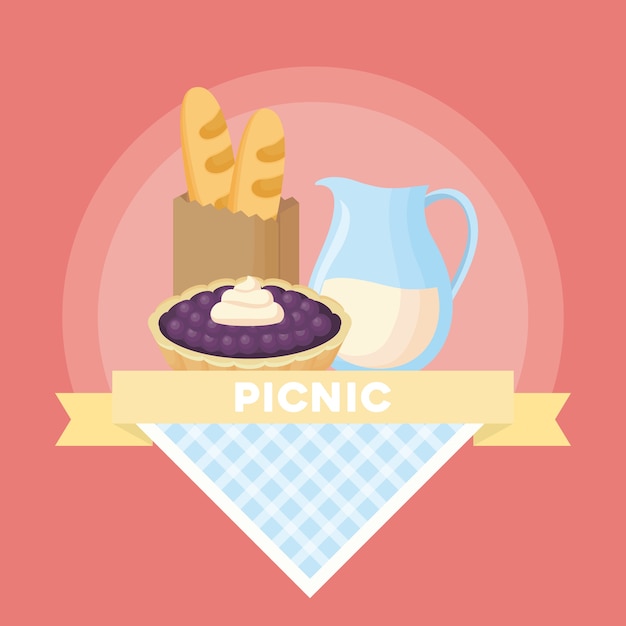 Emblema di pic-nic con nastro decorativo e sacchetto di pane e cibo su sfondo rosa, desig colorato