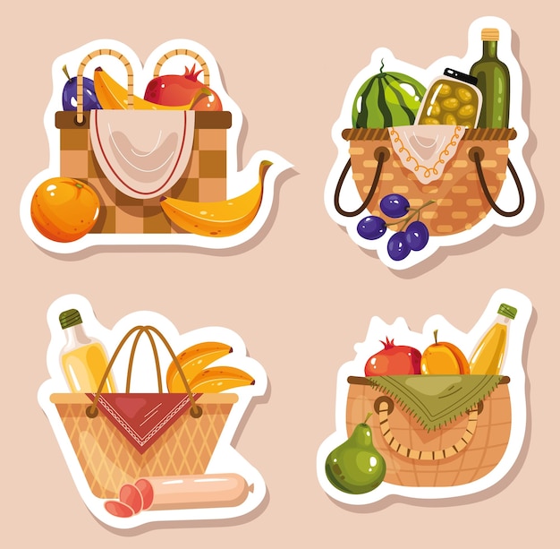 Picnic food baskets blanket stickers isolated set graphic design illustration