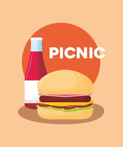 picnic food design with hamburger and sauce bottle 