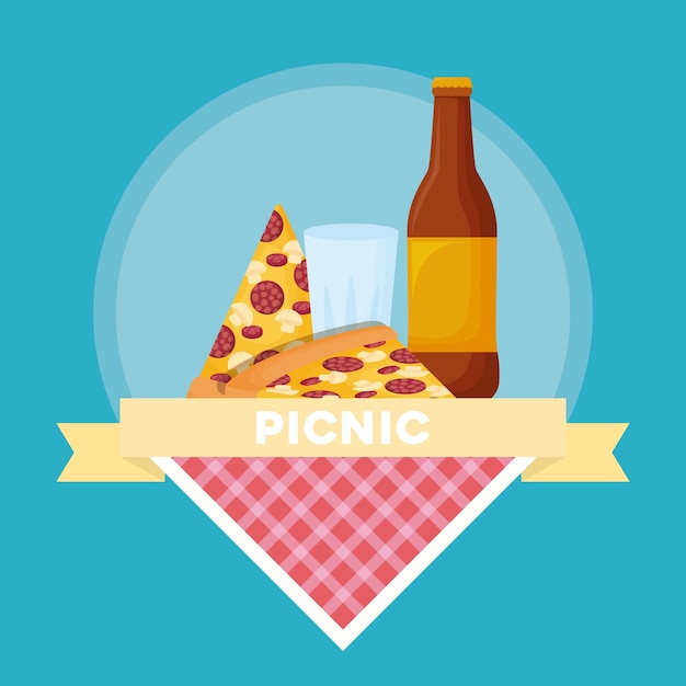 Picnic food emblem with pizza and beer bottle