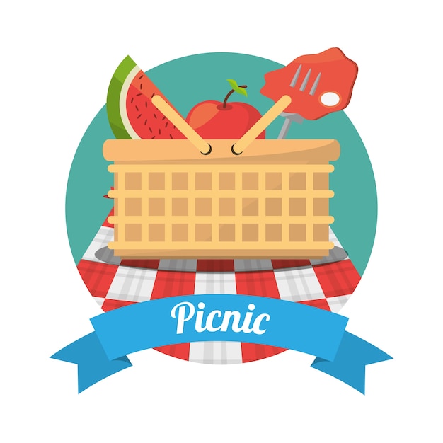 Vector picnic food meat fruits basket