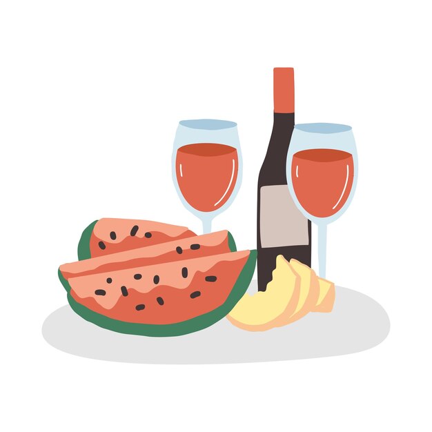 a picnic food set wine watermelon melon for a date vector illustration of yummy on a white backg