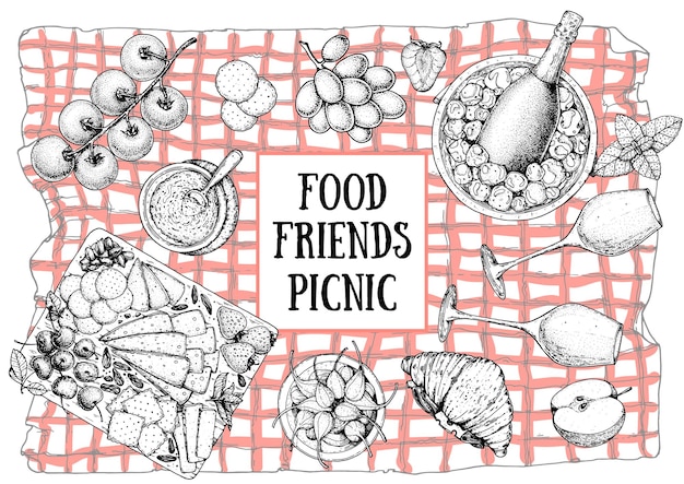 Vector picnic food top view hand drawn vector illustration food and drink sketch antipasti wine and snacks for lunch or dinner food on picnic tablecloth top view