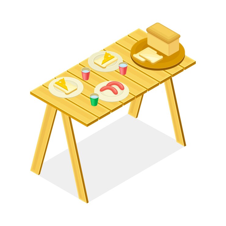 Vector picnic foodstuff rested on plates on wooden table isometric vector illustration