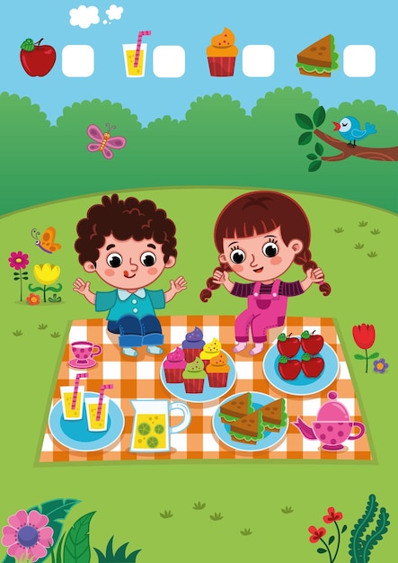 Picnic divertente illustrazione vettoriale gioco di addizione per bambini