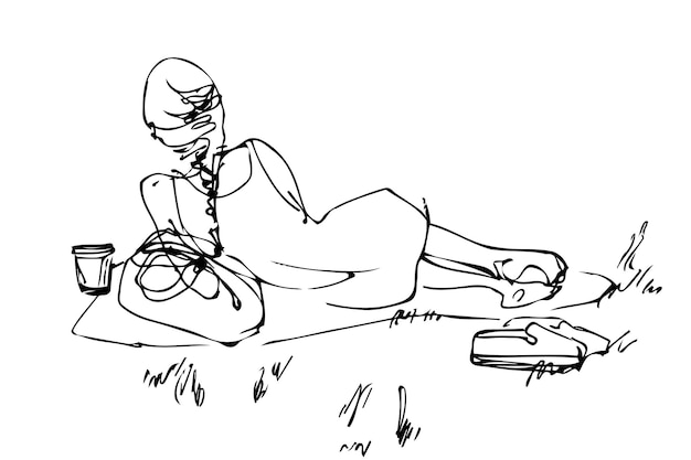 Vector picnic girl resting lying on the grass