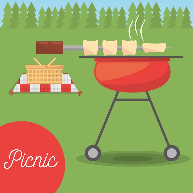 Vector picnic grilled basket meadow tree