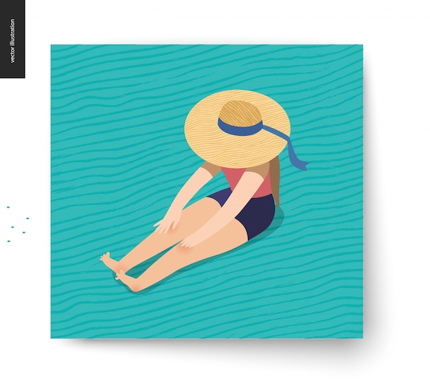 Picnic image - flat cartoon vector illustration of girl sitting on the floor with a ribbon beach hat on hiding her face