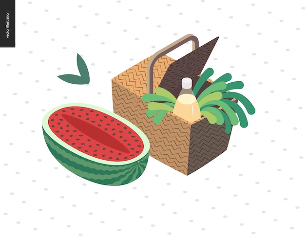 Изображение для пикника - плоский мультфильм векторные иллюстрации из плетеной корзины для пикника с бутылкой лимонада