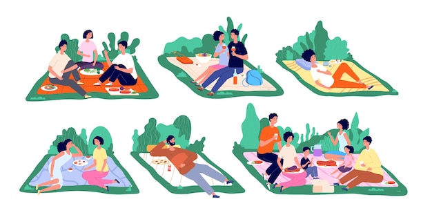 Picnic sulla natura. vacanze in famiglia, picnic primaverili o estivi. la gente pranza nel parco, il fine settimana degli amici. ricreazione sana scene vettoriali totali. pranzo al sacco in famiglia, illustrazione delle vacanze all'aperto di primavera