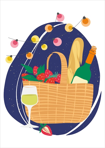 Picnic in nature Vector illustration with a bottle of wine bread and strawberries in a picnic basket