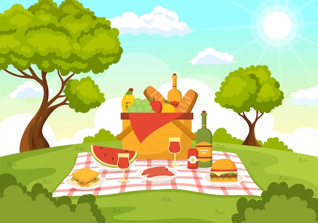 Picnic Outdoors Illustration of People Sitting on a Green Grass in Nature on Summer Holiday Vacation