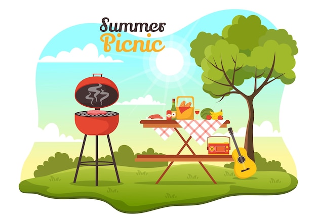 Picnic Outdoors Illustration of People Sitting on a Green Grass in Nature on Summer Holiday Vacation