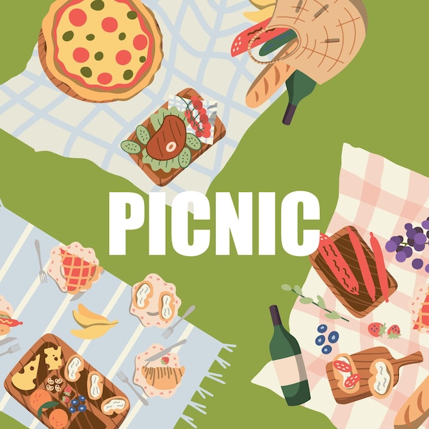 Picnic in the park Basket of delicious food fruits vegetables pies buns Cards Background