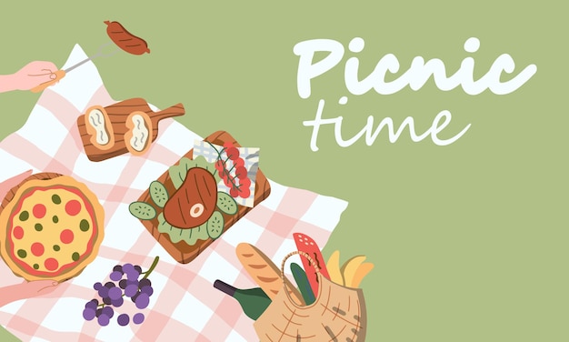 Vector picnic in the park basket of delicious food fruits vegetables pies buns pizza cards