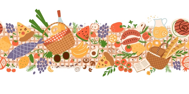 Picnic party seamless border summer picnic season food cute picnic food seamless background with baskets roasted sausages tomatoes vegetables fruits vector illustration