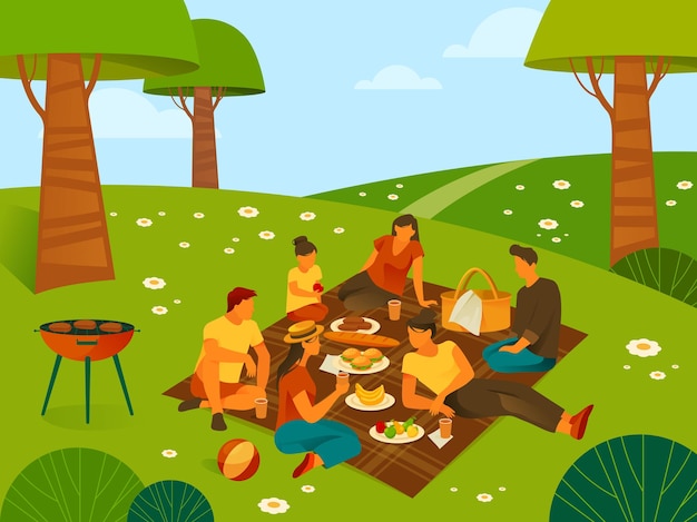 Vector picnic or recreation in forest or parkland