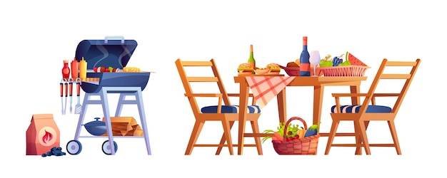 Vector picnic served table bbq food and drinks basket