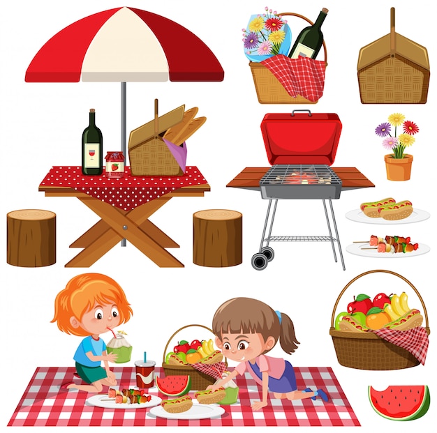 Vector picnic set with bbq grill and food on white background