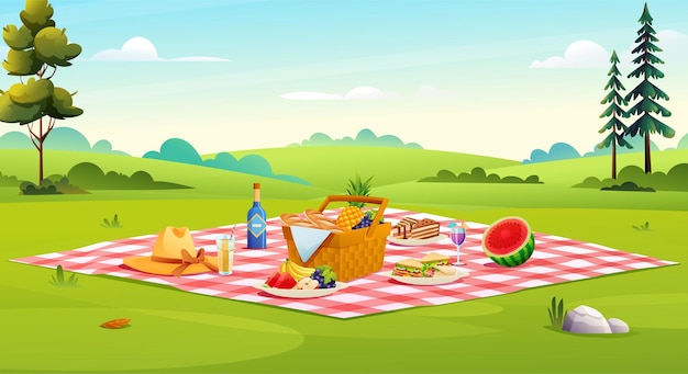 Vector picnic setup composed of basket with food, fruits, sandwiches, cupcakes vector illustration