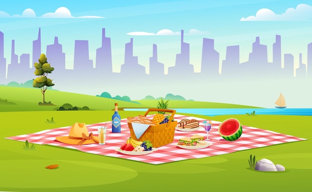 Picnic setup composed of basket with food, fruits, sandwiches in the park vector illustration