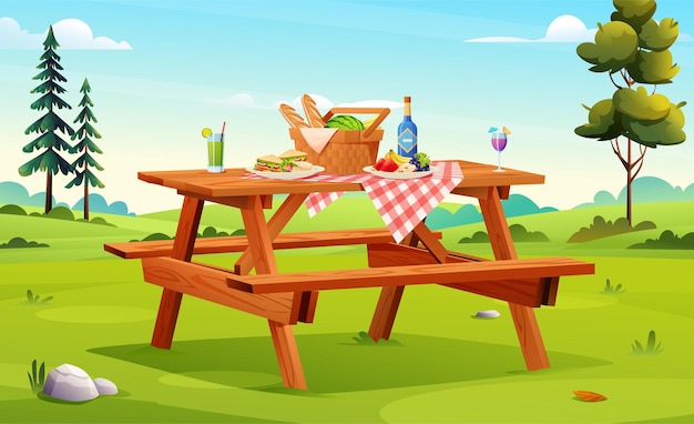 テーブルのベクトル図に食べ物、果物、サンドイッチが付いたバスケットで構成されるピクニック セットアップ