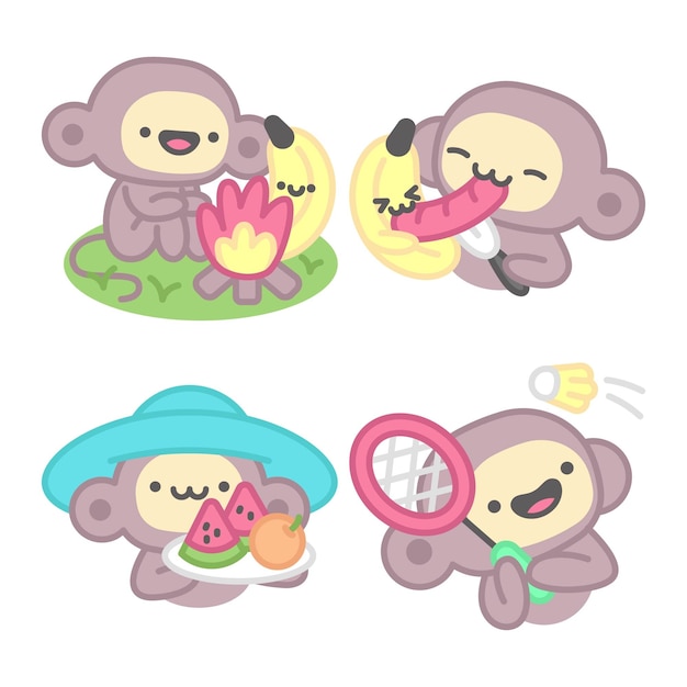 벡터 원숭이와 바나나가 있는 피크닉 스티커 컬렉션