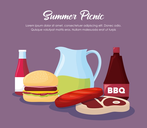 Progettazione di estate di picnic con l'hamburger e le icone relative sopra fondo porpora, progettazione colourful. vecto