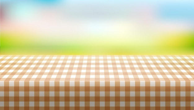 Vector picnic table covered with tablecloth on blurred background