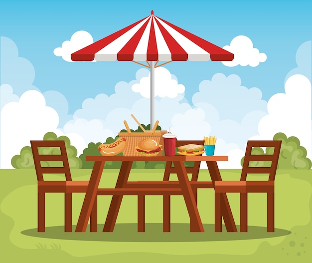 Vector picnic table with umbrella scene vector illustration design