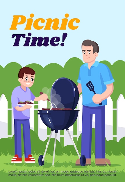 Vector picnic time poster template. commercial flyer design with semi flat illustration. vector cartoon promo card. family outing, cooking barbecue together, outdoor leisure advertising invitation