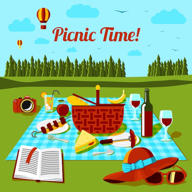 Picnic time poster with different food and drink on the cloth, countryside view. vector