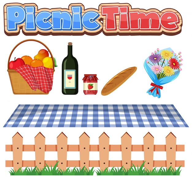 Vettore tempo di picnic con cibo e fiori