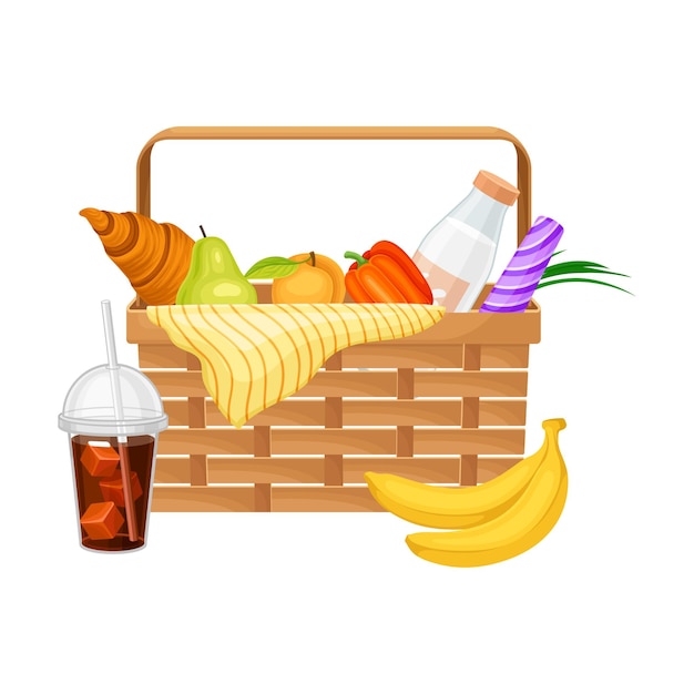Vector picnic wicker hamper with foodstuff for eating outdoors vector illustration